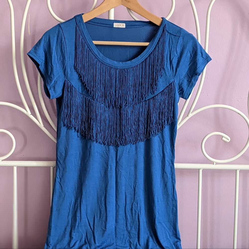 Beautiful blue LaROK fringe Tee from the 2010's